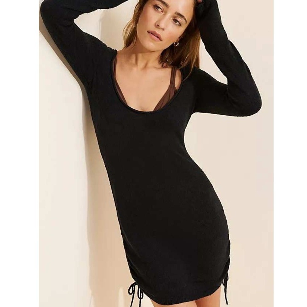 Free People Marla Mini Dress Black Long Sleeve Ruched Drawstring Knit Small Goth
